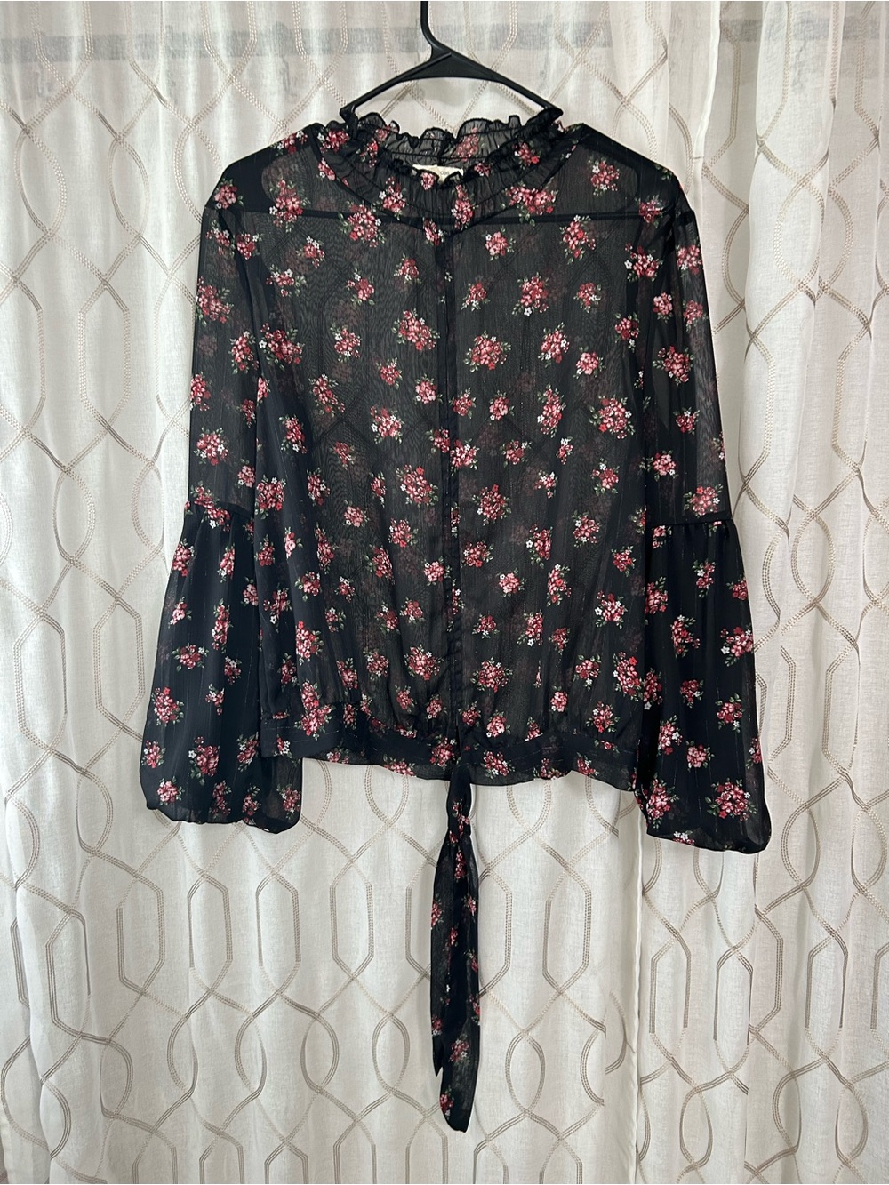 Maurices Black Sheer Floral Tie-Front Blouse